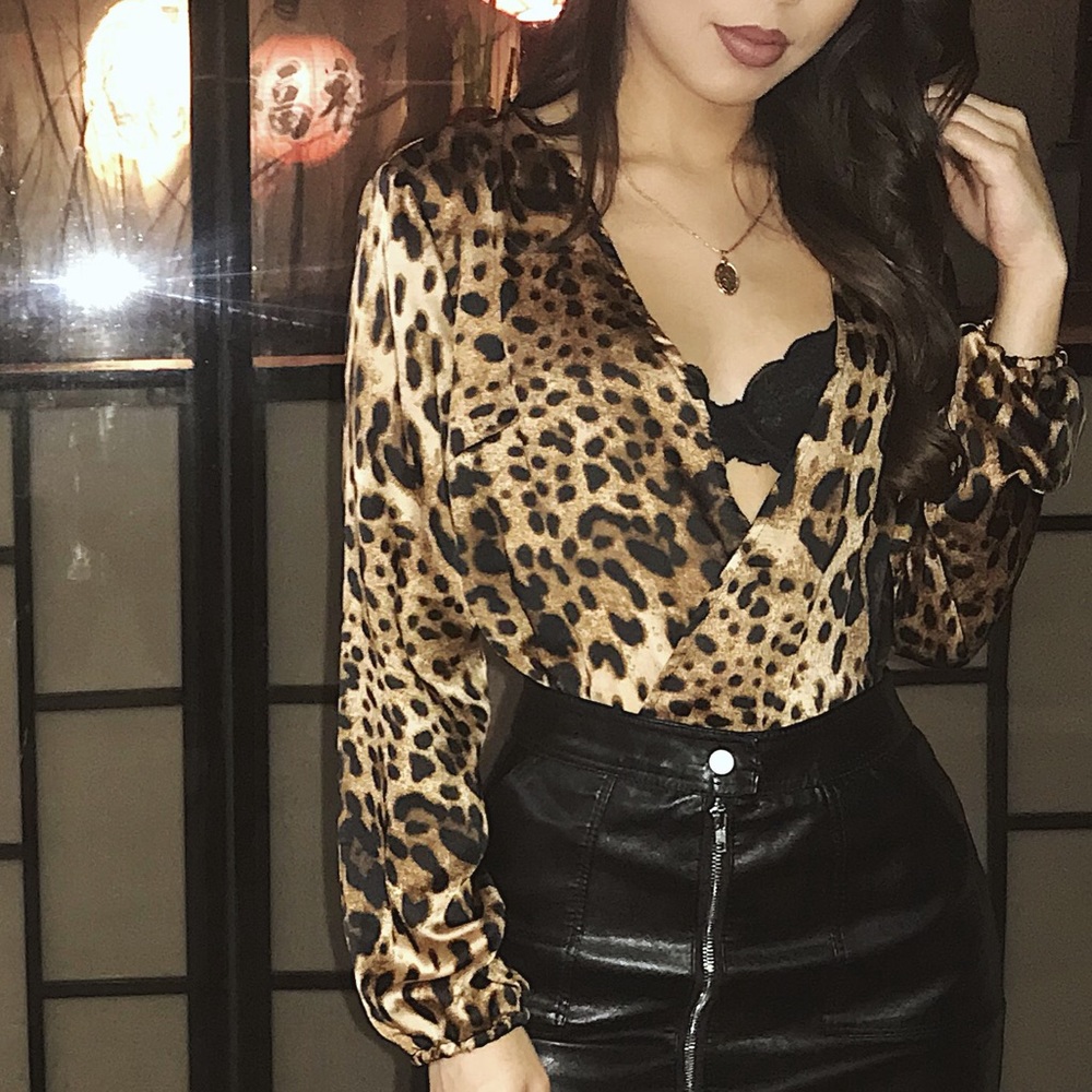 Cheetah print long sleeve silk body suit